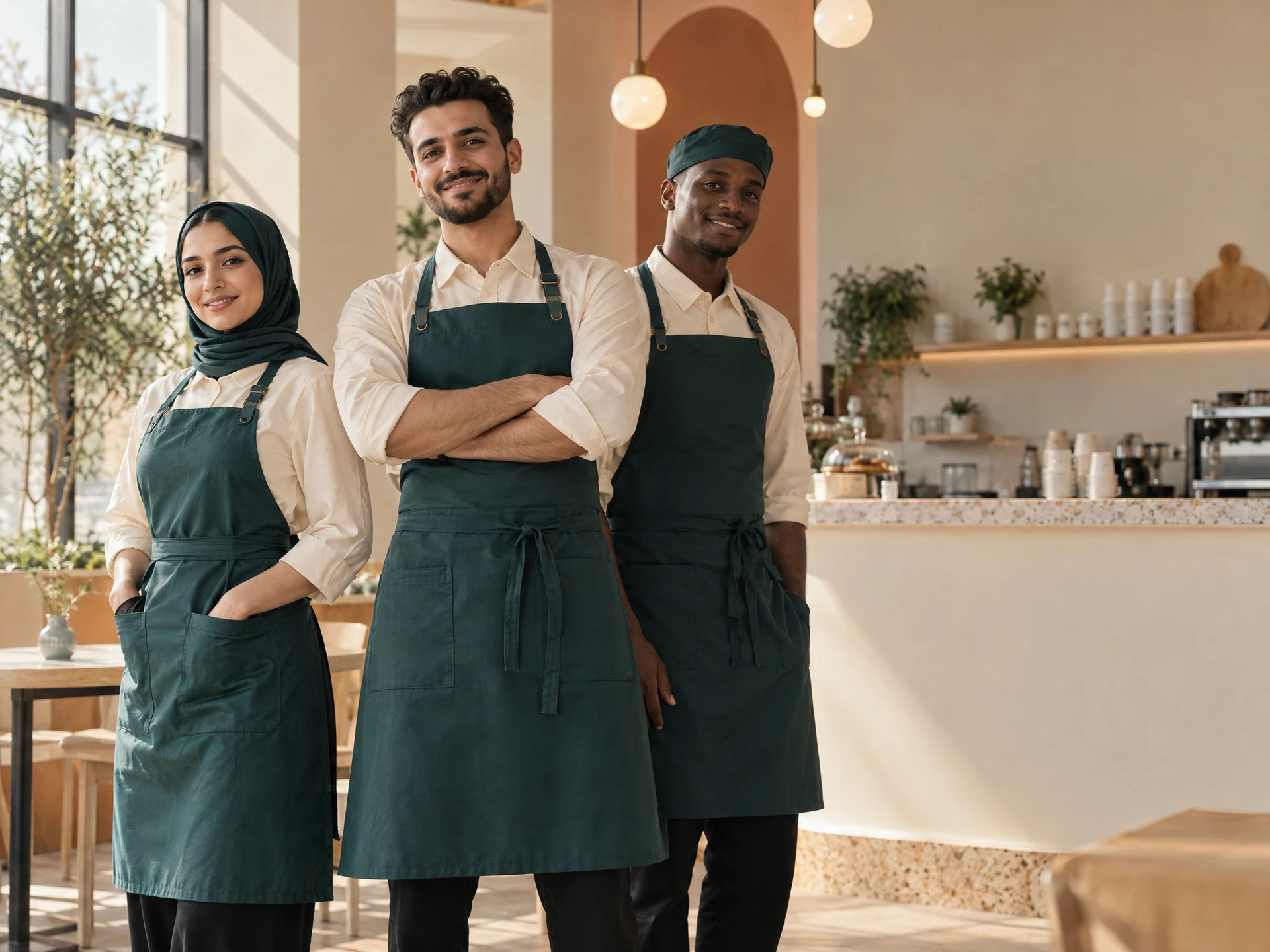 فريق ضيافة يرتدي زيًا موحدًا داخل مقهى